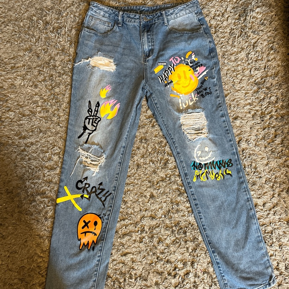 Trendy Graphic Blue Jeans
